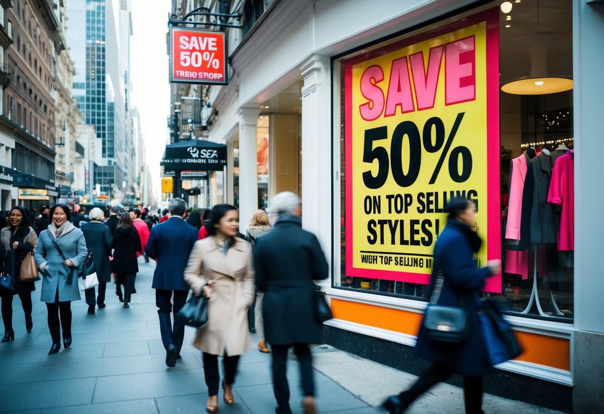 A bustling city street with a vibrant storefront displaying "Save 50% on Top Selling Styles!" signage. Pedestrians pass by, taking notice of the promotion