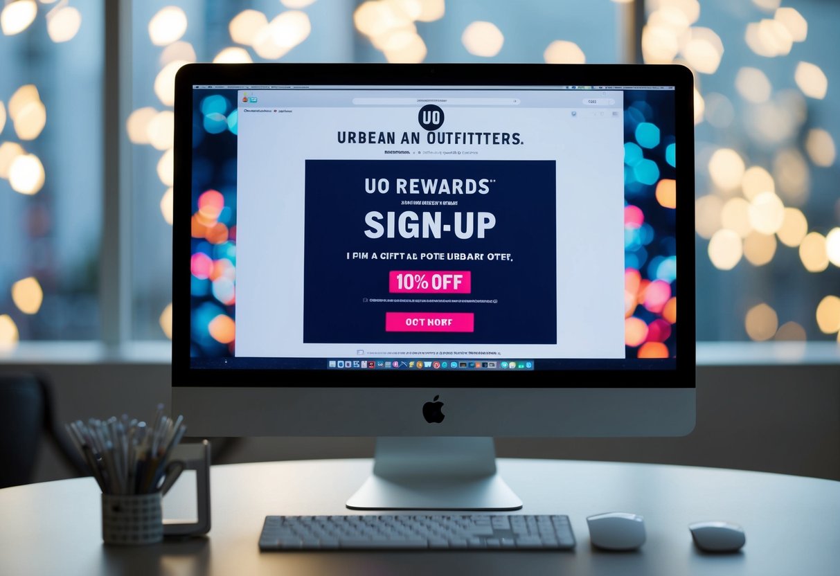 A computer screen displaying the UO Rewards sign-up page with a promotional offer of 10% off at Urban Outfitters