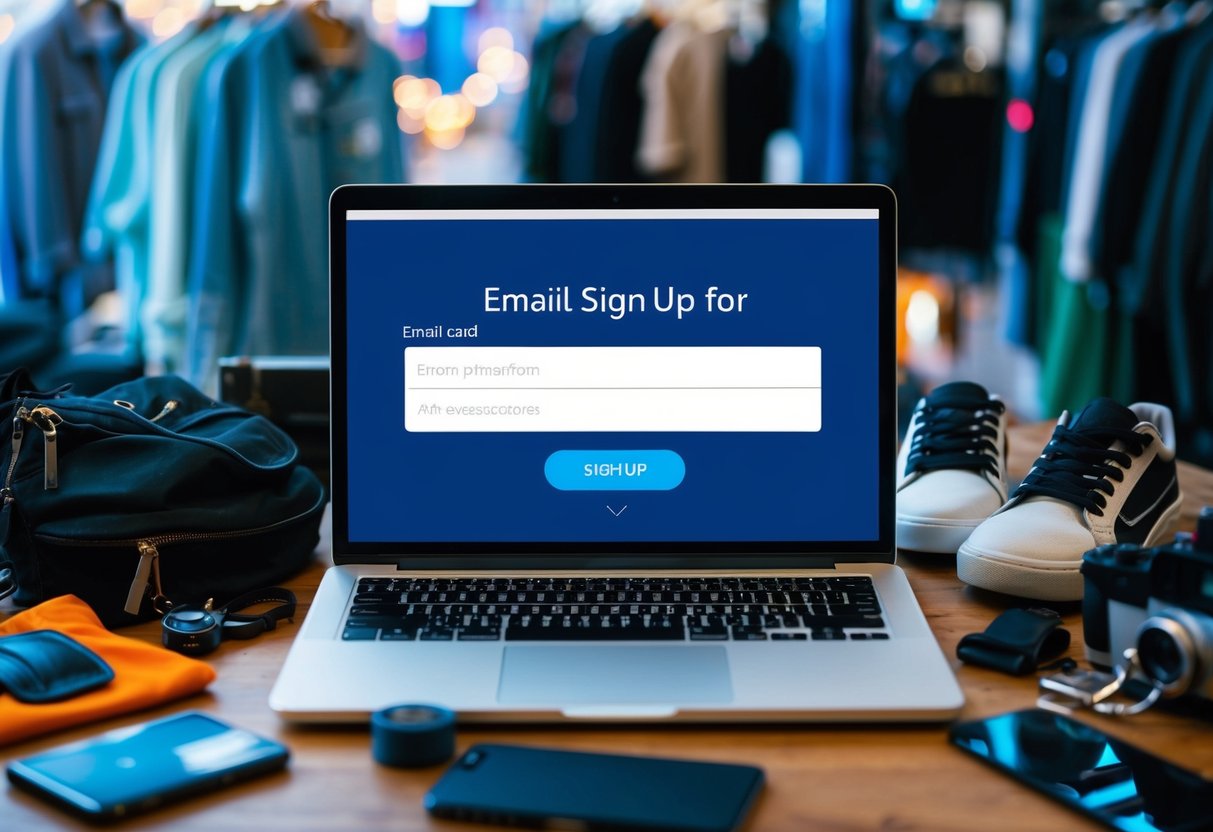 A laptop with an email sign-up form on the screen, surrounded by urban-themed items like clothes, shoes, and accessories