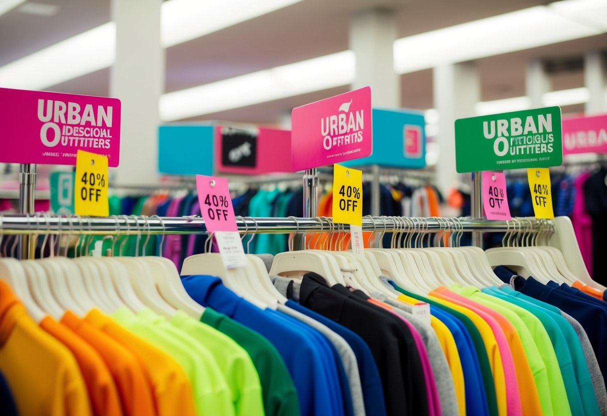 A colorful display of discounted apparel at Urban Outfitters, with tags and price stickers indicating up to 40% off