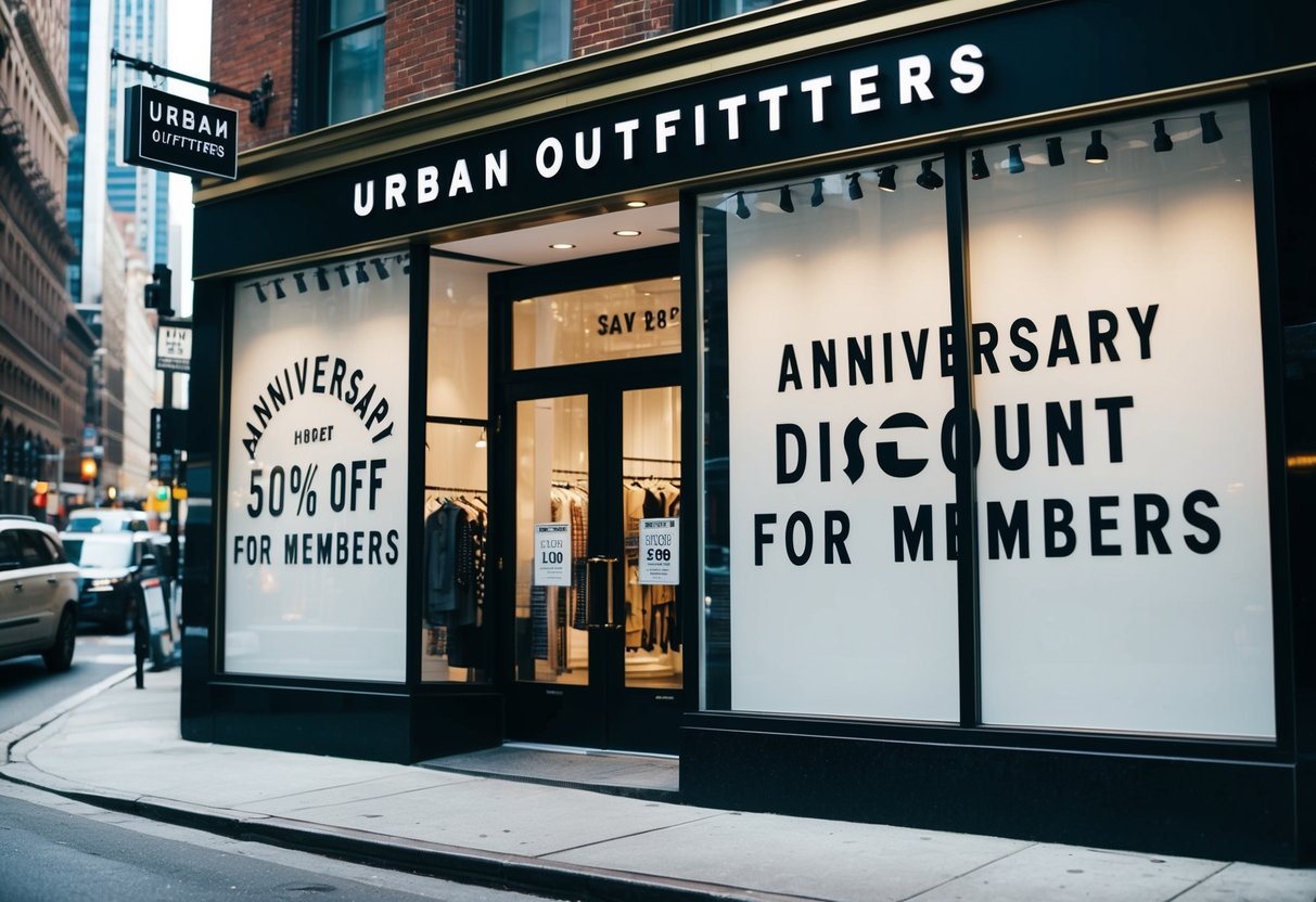 A bustling city street with a prominent Urban Outfitters storefront displaying a large "Anniversary Discount for Members" promotion sign