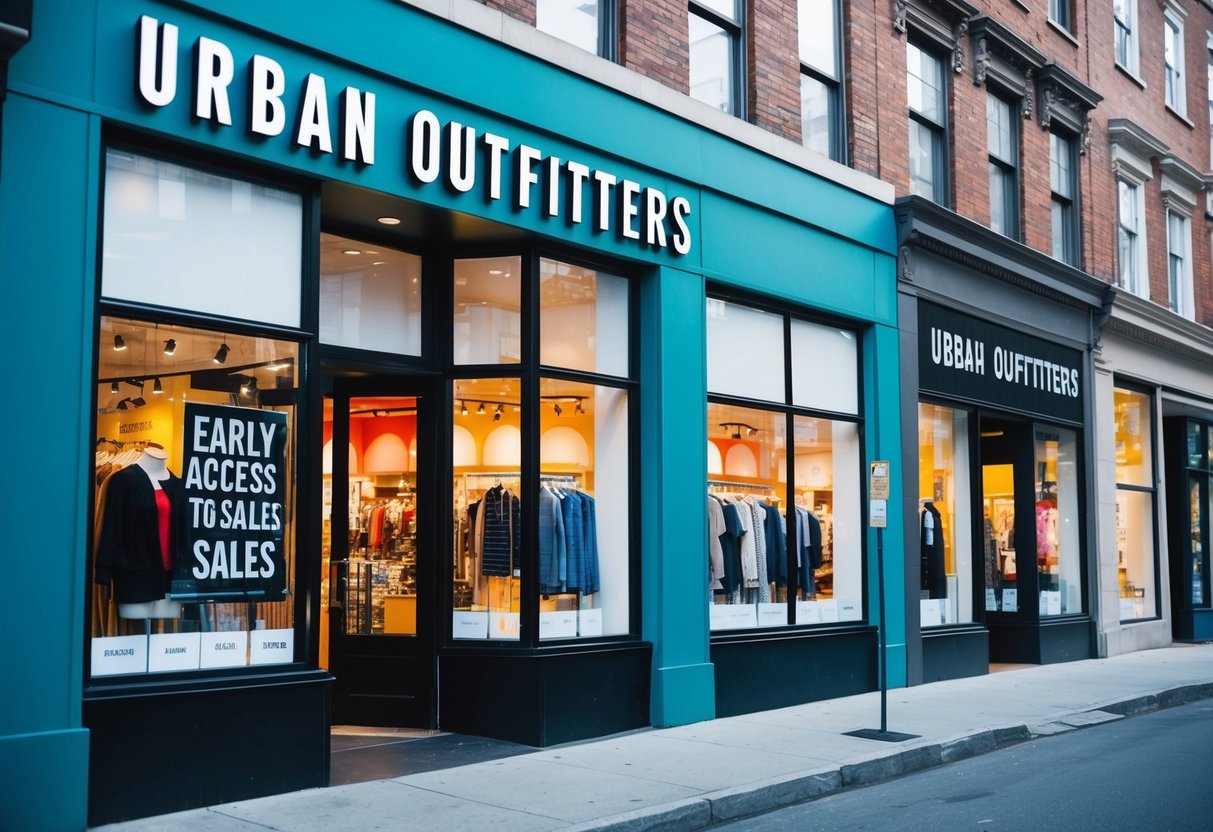 A bustling city street with colorful storefronts and a large "Early Access to Sales" sign outside Urban Outfitters