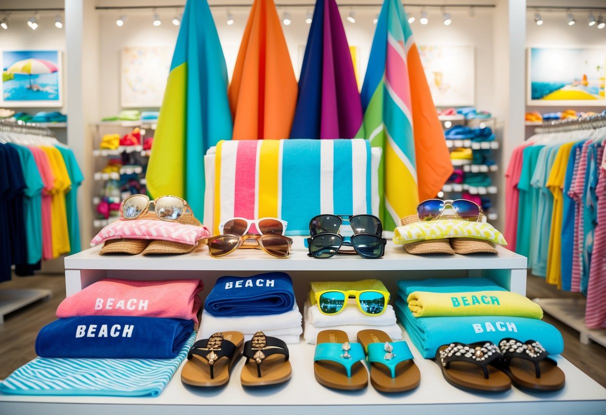 A vibrant display of summer essentials at Urban Outfitters, with colorful beach towels, sunglasses, and sandals arranged in an eye-catching manner