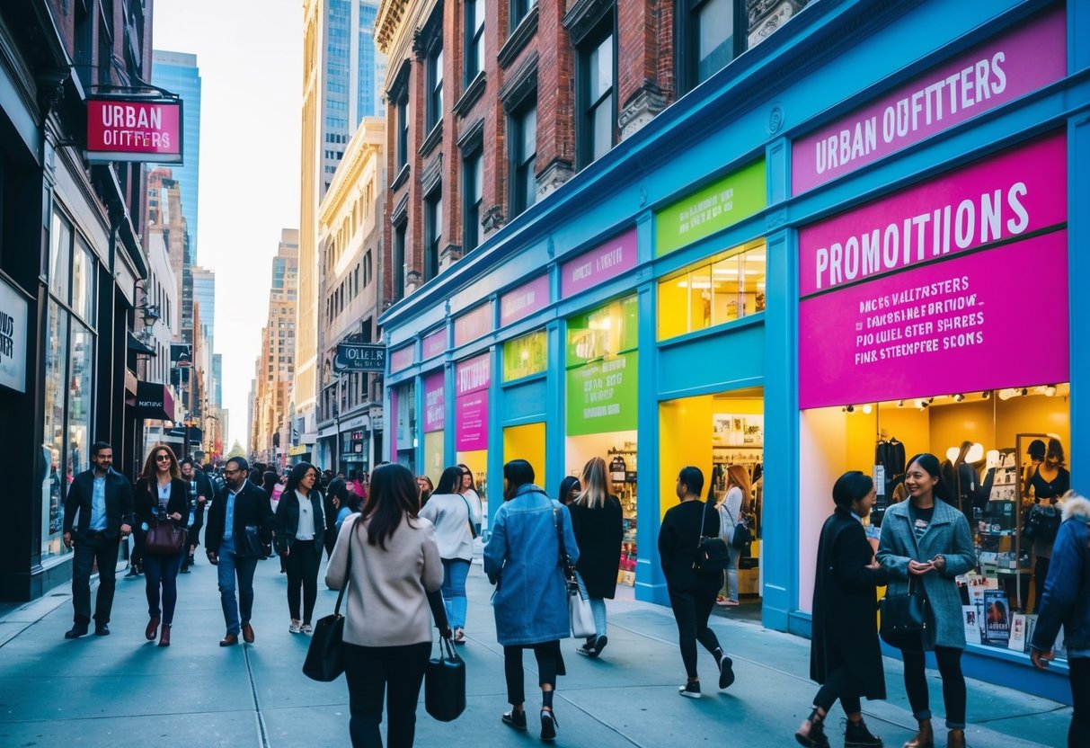 A bustling city street with colorful storefronts and people browsing. Bright signage advertises promotions at Urban Outfitters
