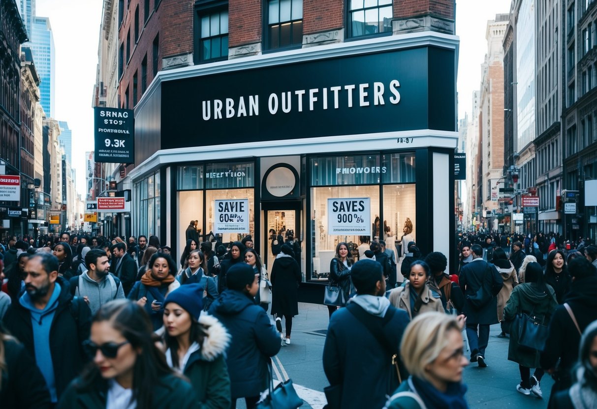 A crowded city street with a prominent Urban Outfitters storefront, surrounded by other shops and bustling with people. A large sign advertises savings and promotions
