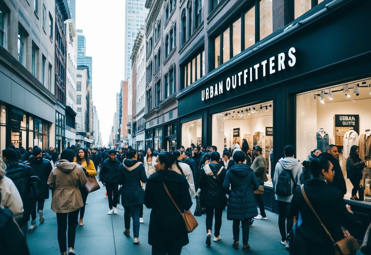 A crowded urban street with people browsing storefronts, a prominent Urban Outfitters sign, and promotional displays in the windows