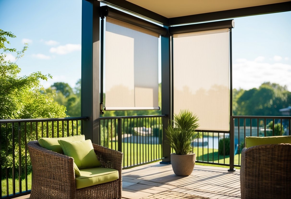 A sunny outdoor patio with Ziptrak blinds partially rolled down, showcasing the product's versatility and functionality