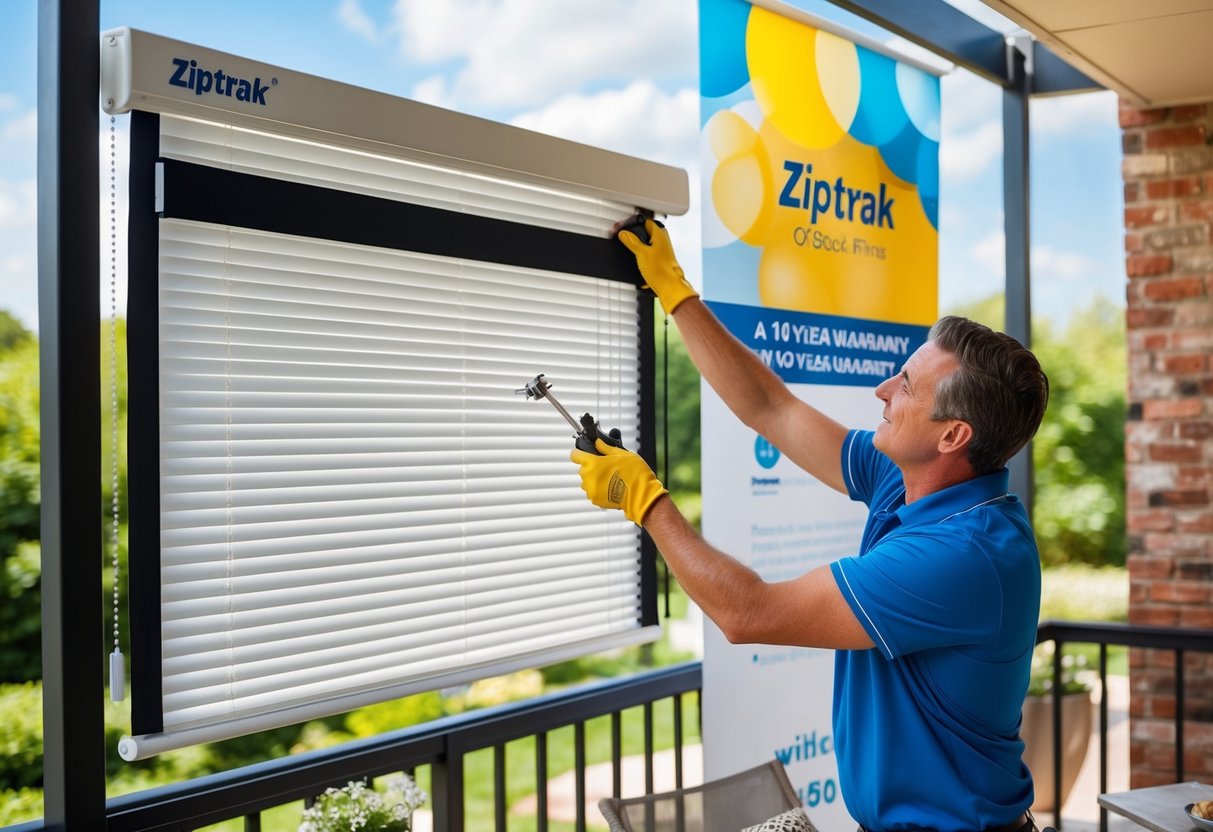 A Ziptrak outdoor blind with a 10-year warranty being installed on a patio, with a promotional banner in the background