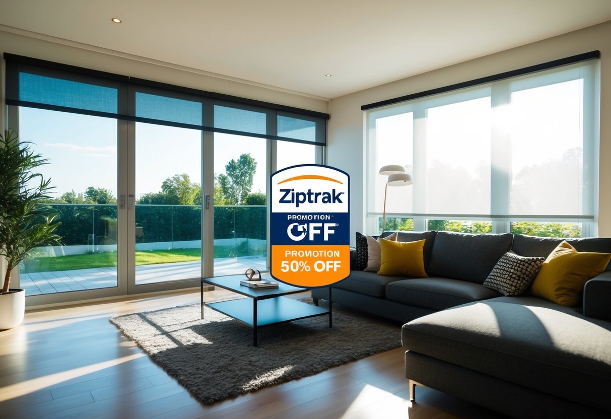 A modern living room with sunlight streaming in through motorised blinds, showcasing the Ziptrak promotion of 50% off