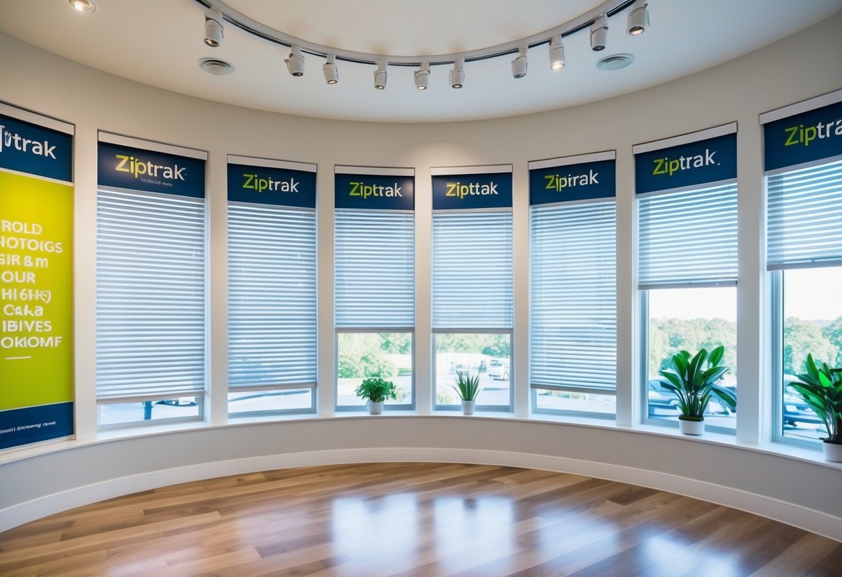 A bright, modern showroom with large windows displays Ziptrak blinds. Bold promotional banners hang overhead