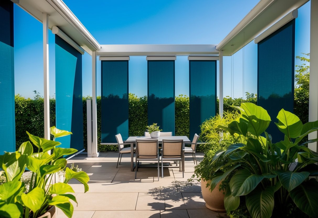 A sunny outdoor patio with Ziptrak blinds rolled down every second panel, surrounded by lush green plants and a clear blue sky