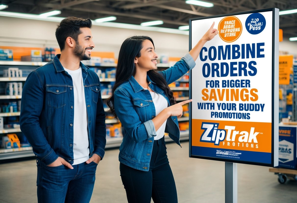 Two friends standing together, pointing to a poster advertising "Combine Orders for Bigger Savings with Your Buddy Ziptrak promotions" in a home improvement store