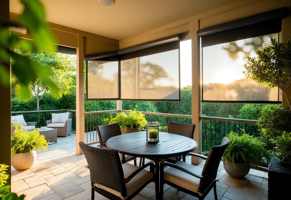 A cozy outdoor patio with Ziptrak blinds, surrounded by lush greenery and bathed in warm sunlight