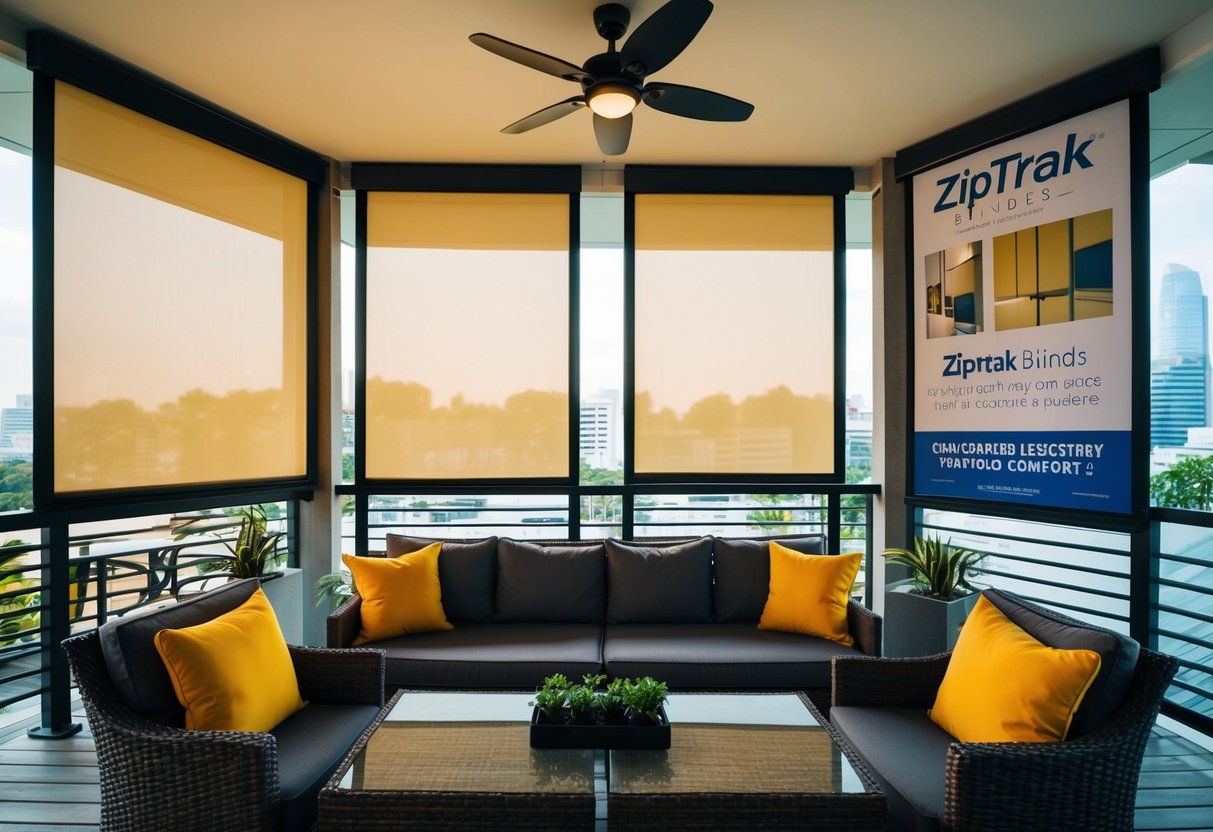 A cozy outdoor space in Singapore, featuring Ziptrak blinds providing year-round comfort, with promotional banners displayed