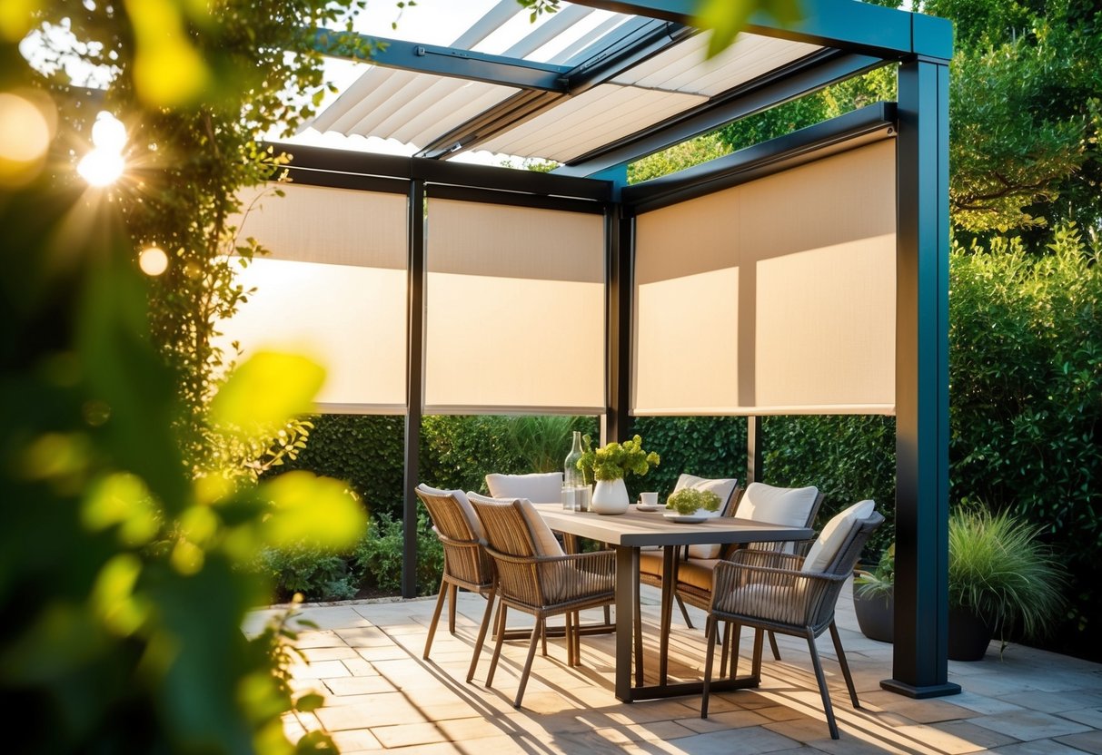 A cozy outdoor patio with Ziptrak blinds, surrounded by lush greenery and bathed in warm sunlight