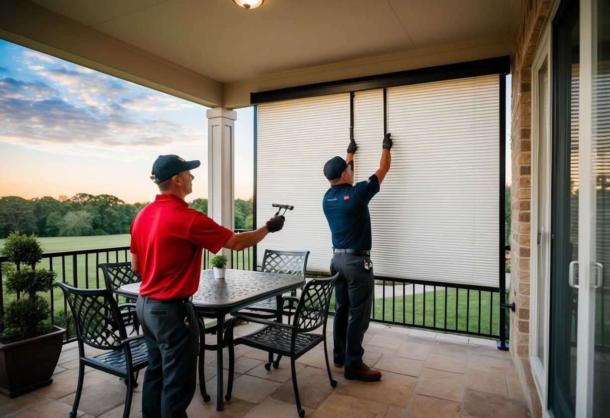 An outdoor patio with Ziptrak blinds being installed by retailers