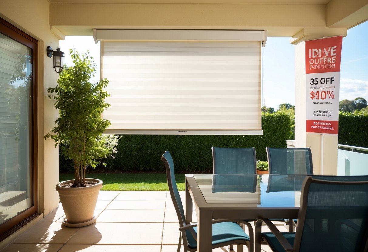 A bright, sunny outdoor patio with a Ziptrak blind being effortlessly lowered with a discount promotion banner displayed nearby