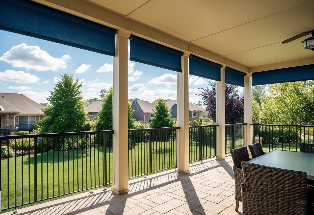 A sunny outdoor patio with Ziptrak blinds rolled down, showcasing the product's promotional features