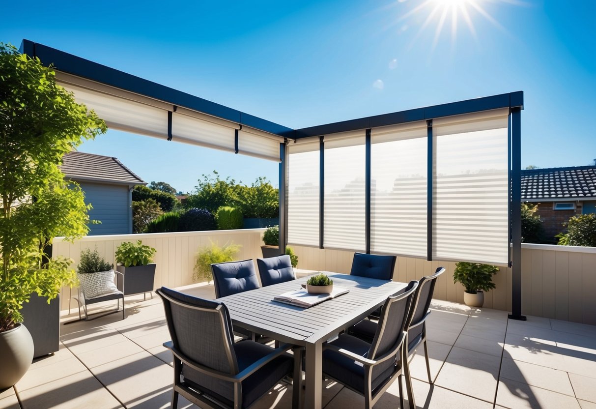 A sunny outdoor patio with Ziptrak blinds fully extended, showcasing various features and benefits