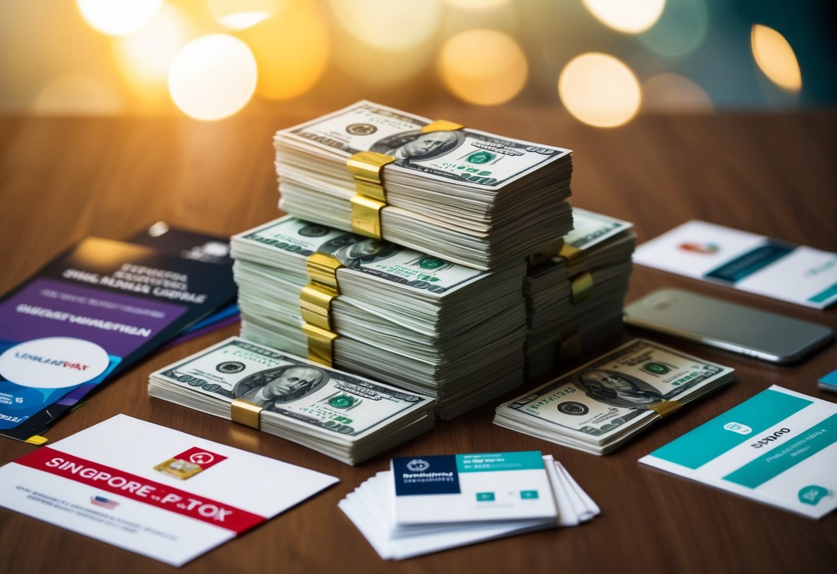 A pile of Singaporean currency surrounded by promotional items and marketing materials