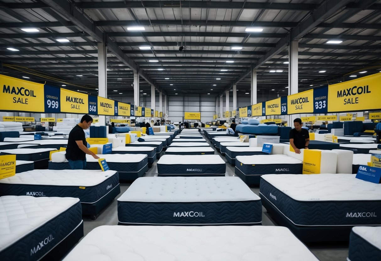 A bustling warehouse filled with rows of discounted mattresses, adorned with promotional banners and signs for the MaxCoil Ramadan sale in Singapore