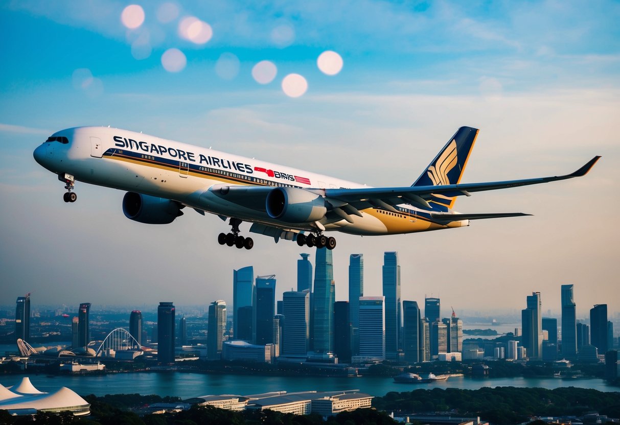 A Singapore Airlines plane flying over a city skyline with various landmarks, surrounded by promotional banners and logos