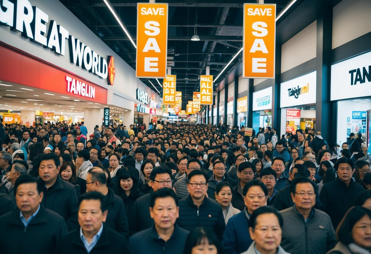 Crowds flock to Great World and Tanglin Mall, drawn by massive discounts. Bright sale signs catch the eye