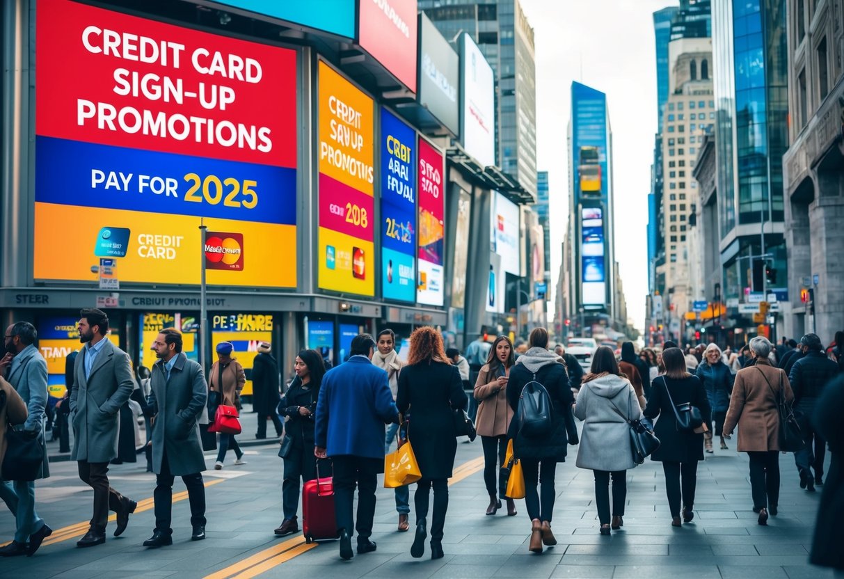 A bustling city street with colorful billboards advertising the latest credit card sign-up promotions for 2025. Pedestrians walk past, some stopping to read the enticing offers