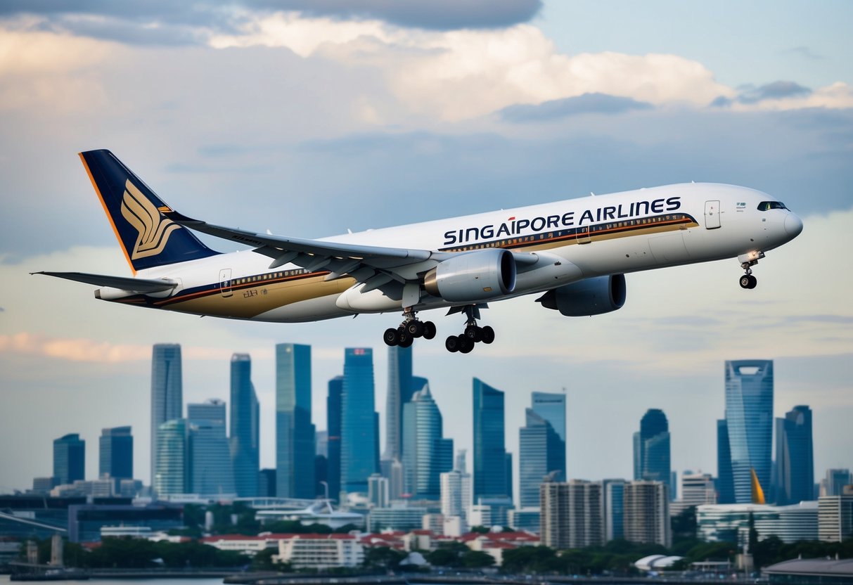 A Singapore Airlines plane flying over a city skyline with a promotional banner in the background