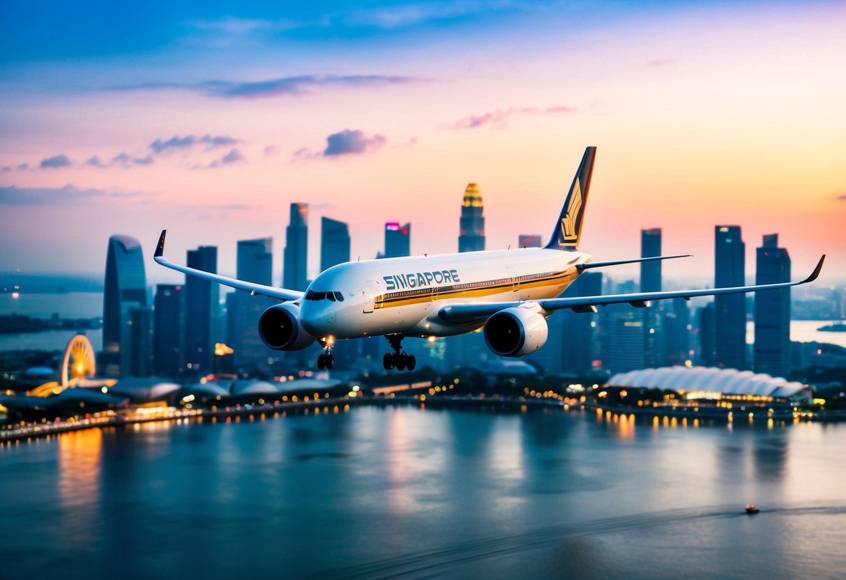 A Singapore Airlines plane flying over the iconic Singapore skyline, with the city's landmarks visible in the background