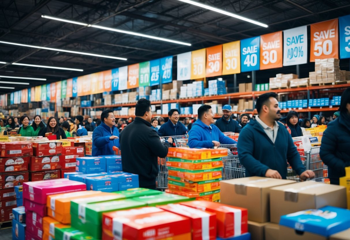 Crowded warehouse with colorful banners, stacks of discounted products, and excited shoppers