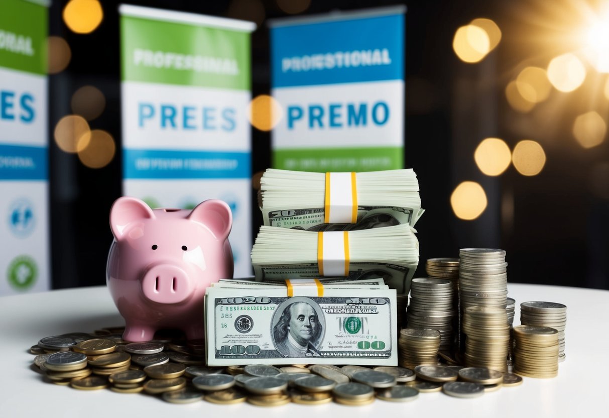 A stack of cash, a piggy bank, and a pile of coins surrounded by promotional banners and logos