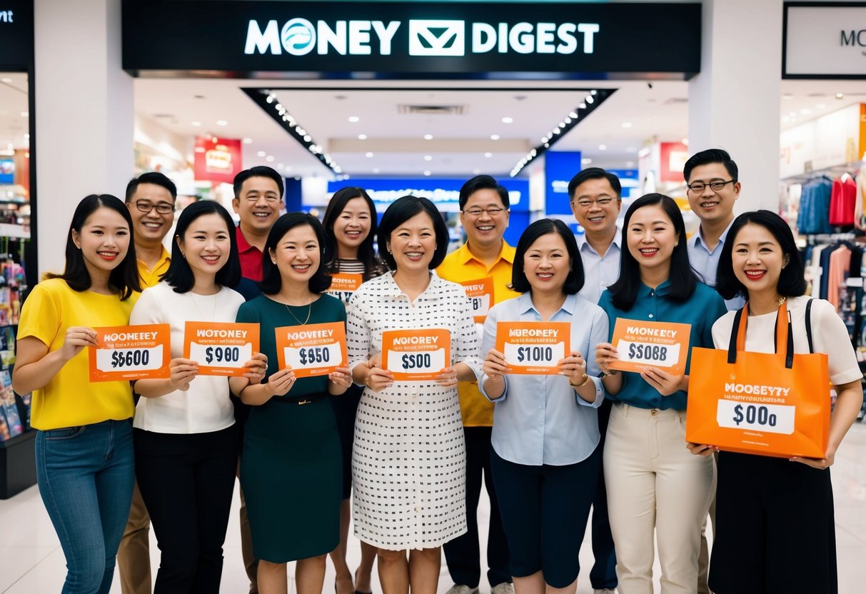 A diverse group of people happily redeeming discounts and vouchers from Money Digest promotions at various retail stores in Singapore