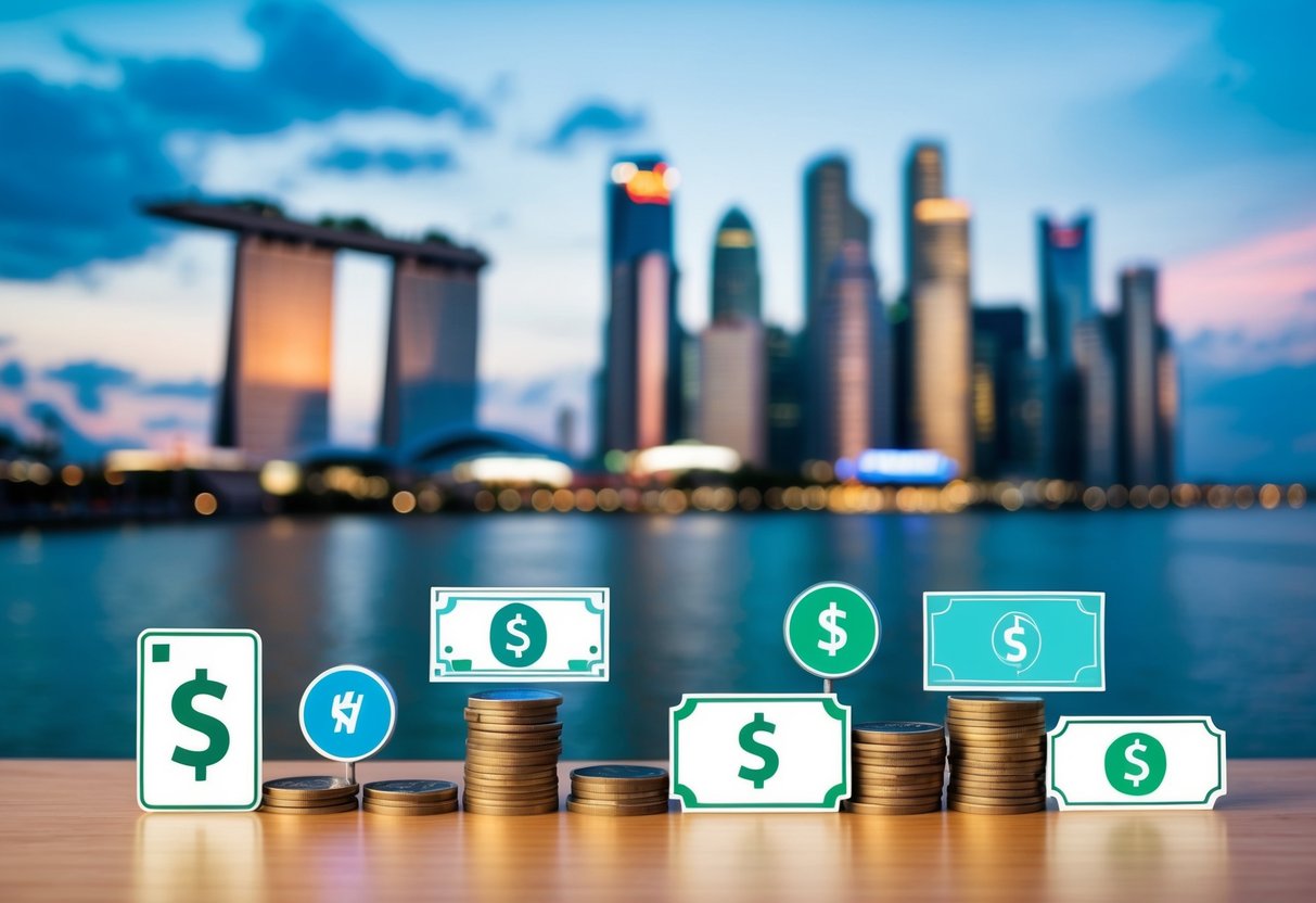 A collection of money-related icons and promotional materials against a Singaporean backdrop
