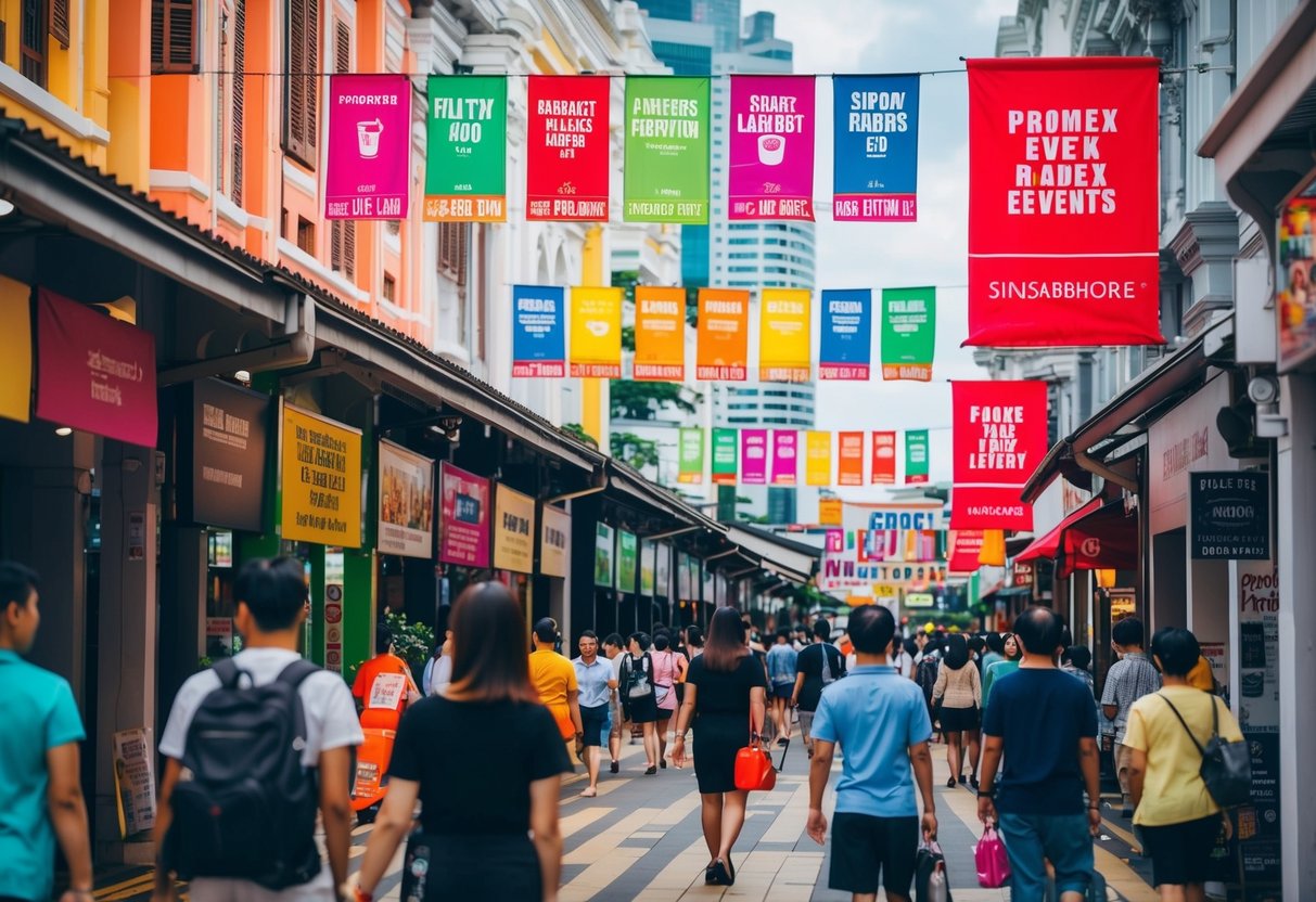 A bustling city street in Singapore with colorful banners and signs promoting various events and products