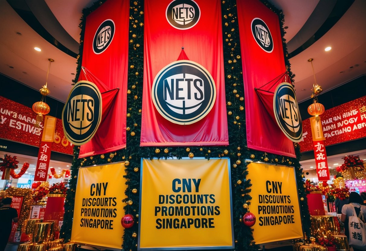 A vibrant display of red and gold banners with the NETS logo, surrounded by festive decorations and signs advertising CNY discounts and promotions in Singapore