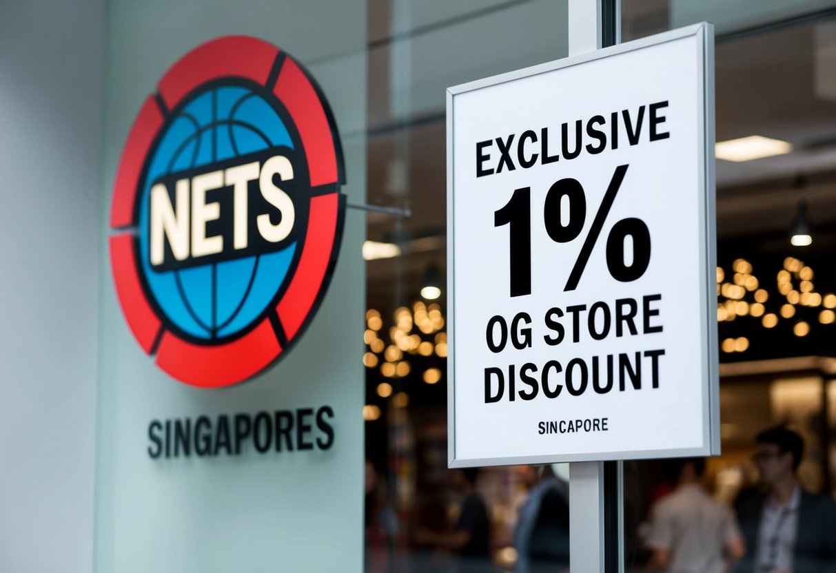 A store window display with a prominent NETS logo and a sign advertising an "Exclusive 1% OG Store Discount" for NETS promotions in Singapore