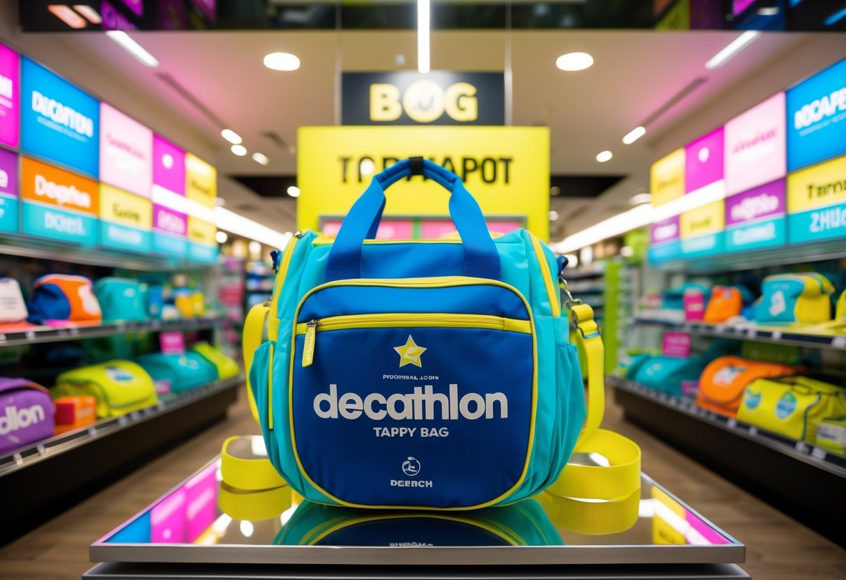 A colorful, limited-edition Tappy Bag from Decathlon is being promoted in Singapore, displayed in a vibrant store window with promotional signs