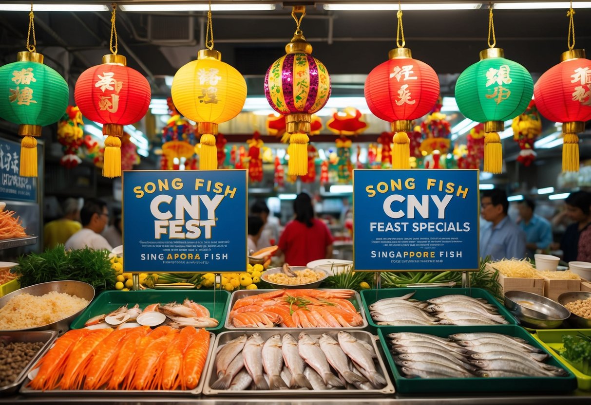 A colorful display of fresh seafood and festive decorations at a bustling Singaporean market, promoting Song Fish CNY Feast Specials