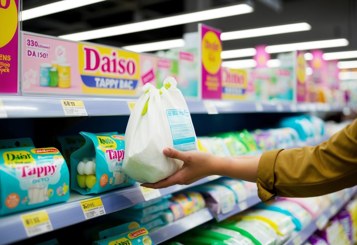 A hand reaches for a Tappy Bag on a display shelf at Daiso, with promotional signs in the background