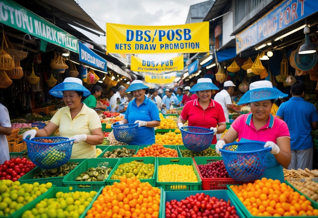 A colorful, bustling marketplace with people using NETS to make purchases at various stalls. Bright banners advertise the DBS/POSB NETS draw promotion