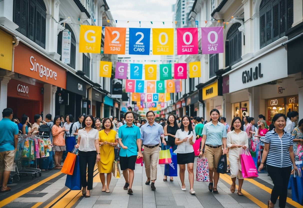A bustling Singapore street with colorful banners and excited shoppers at the Fabulous G2000 Summer Sale