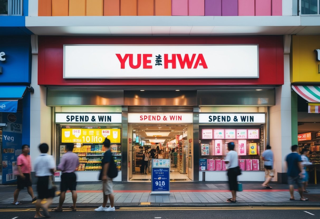 A bustling Singapore street with colorful storefronts and a prominent Yue Hwa store, featuring a "Spend & Win" promotion display