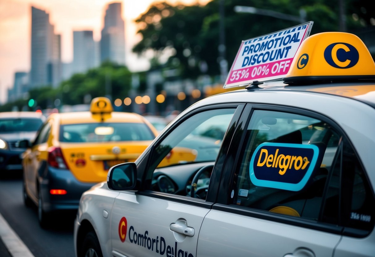 A taxi with the ComfortDelGro logo driving through the streets of Singapore, with a promotional discount sign displayed on the vehicle