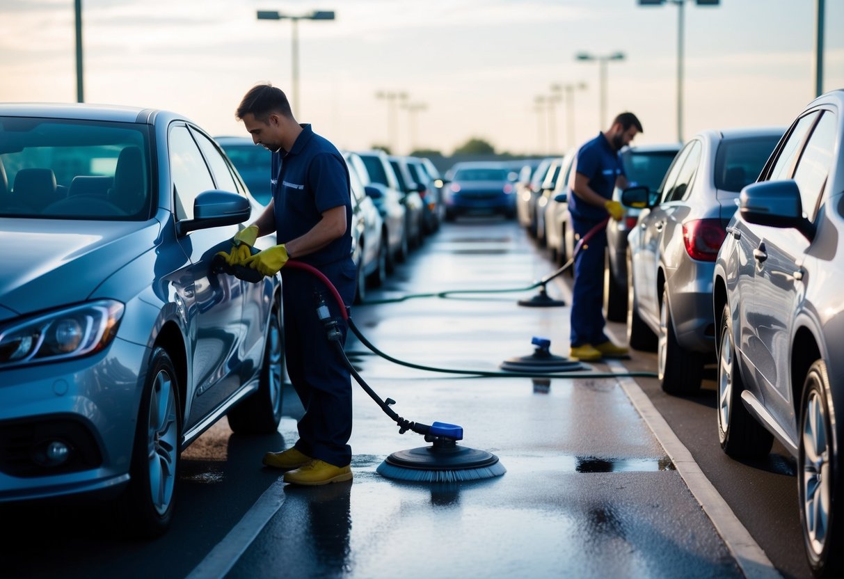 A line of cars parked in a lot, each being meticulously groomed by workers with various cleaning tools and products