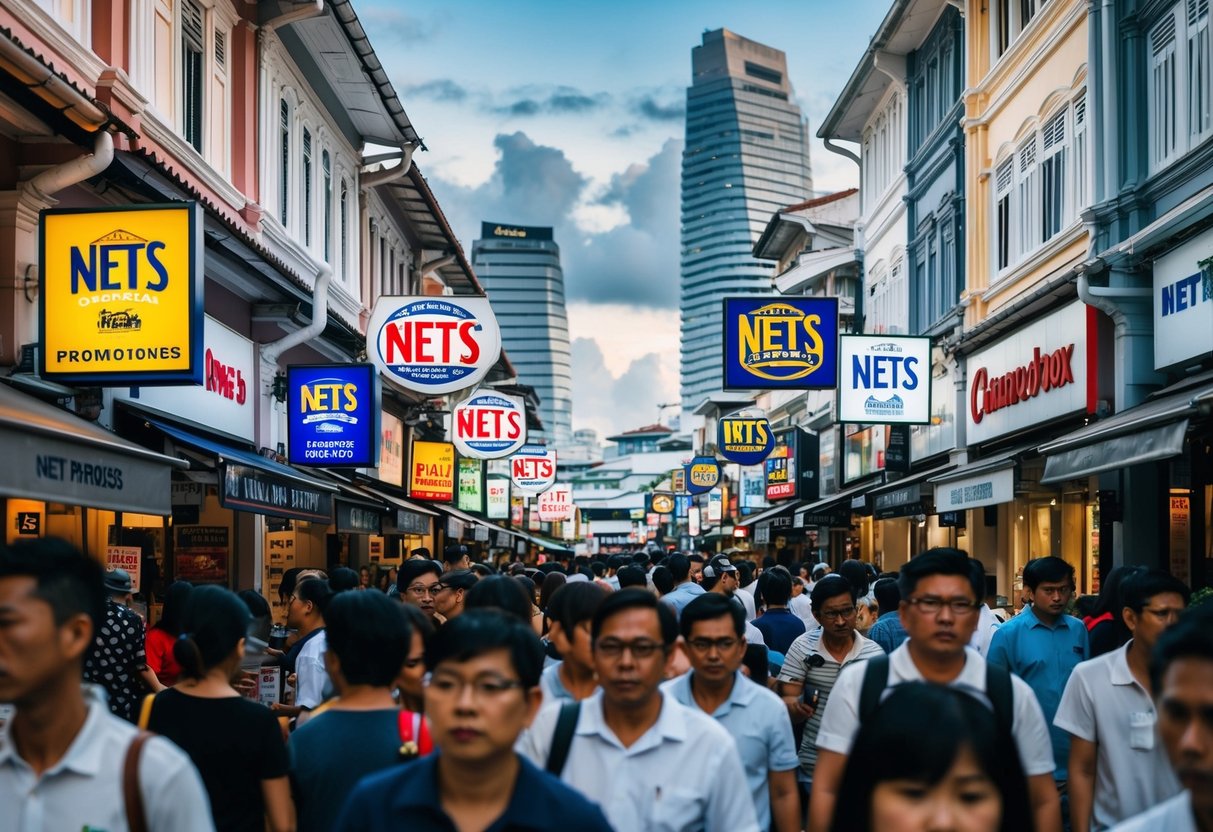 A crowded Singapore street with various storefronts displaying signs for NETS promotions