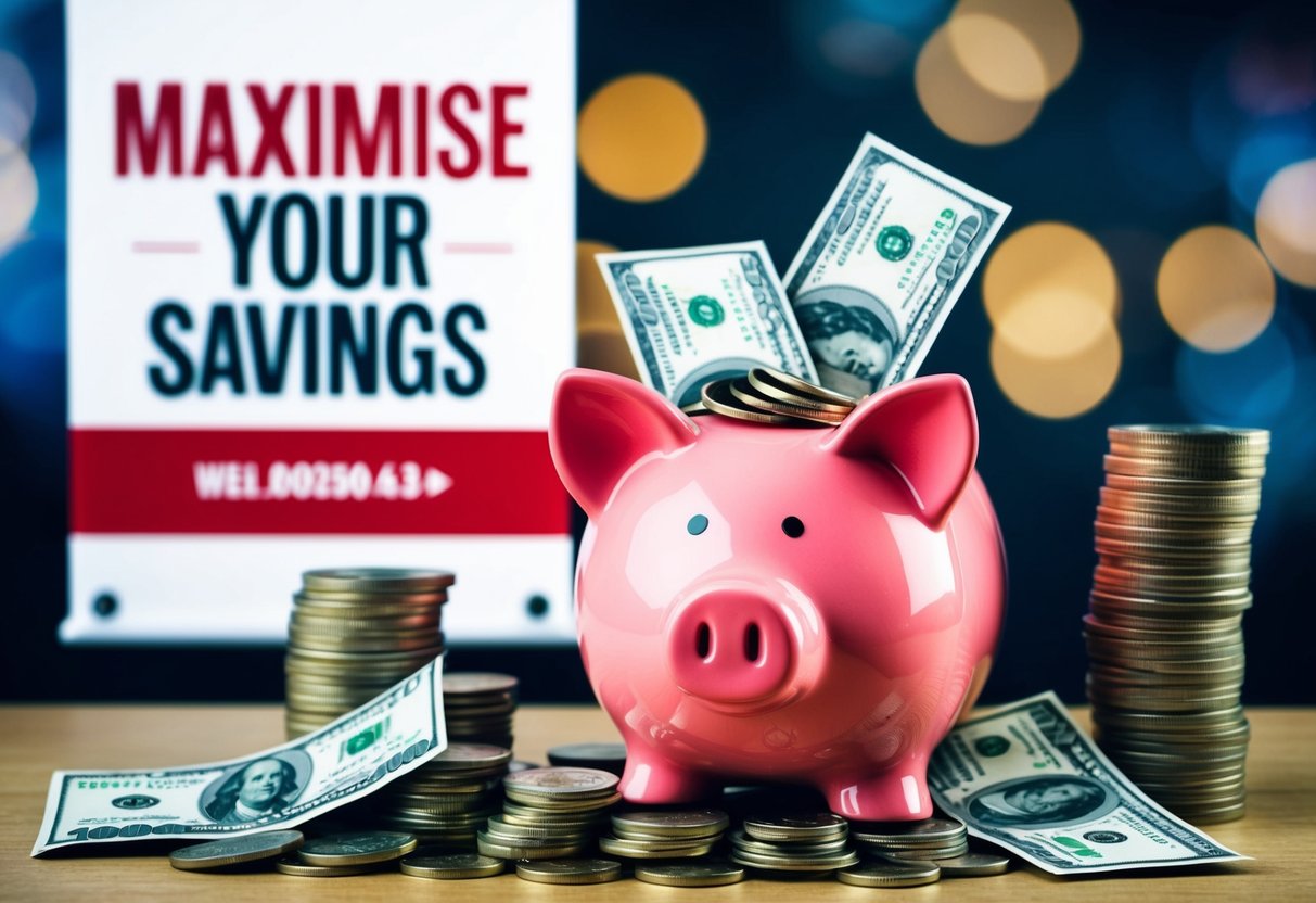 A piggy bank overflowing with coins and surrounded by stacks of dollar bills, with a promotional banner for "Maximise Your Savings" in the background