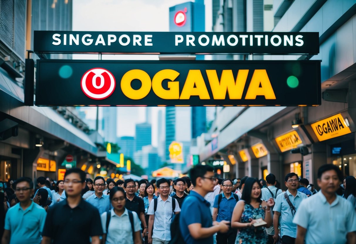 A bustling city street in Singapore with prominent Ogawa Promotions signage and a crowd of people passing by