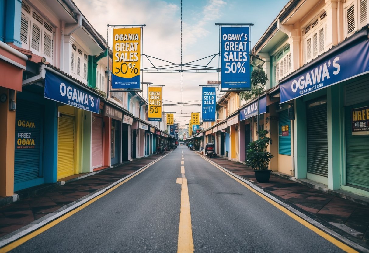A bustling Singapore street lined with colorful storefronts and banners advertising OGAWA's Great Sales Discounts