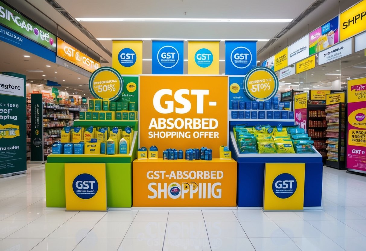 A colorful display of products with the GST-Absorbed Shopping Offer logo, surrounded by promotional signs and banners at a store in Singapore